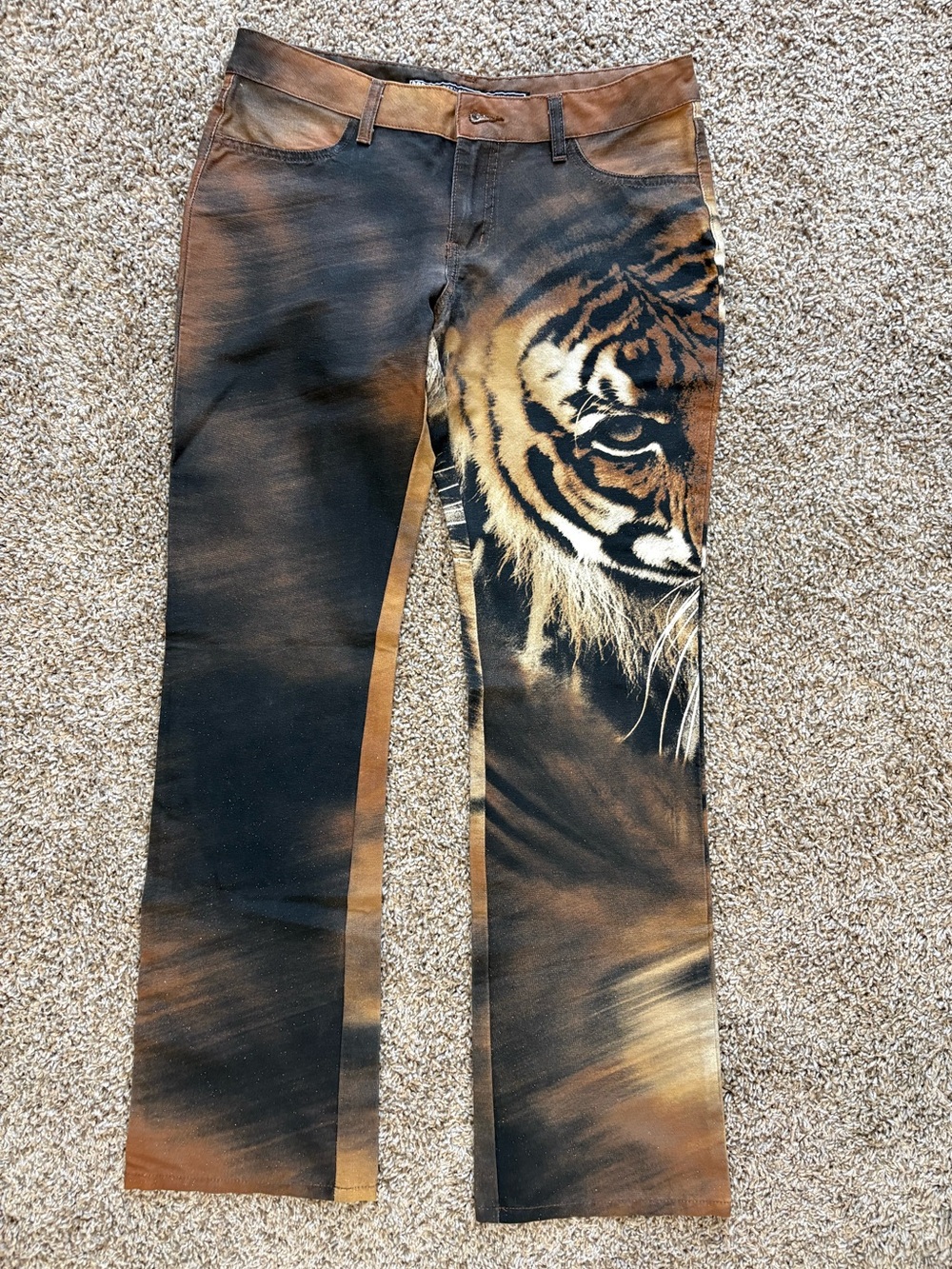 BONGO Women’s Boot Cut Jeans with Tiger Face Print in Black and Brown